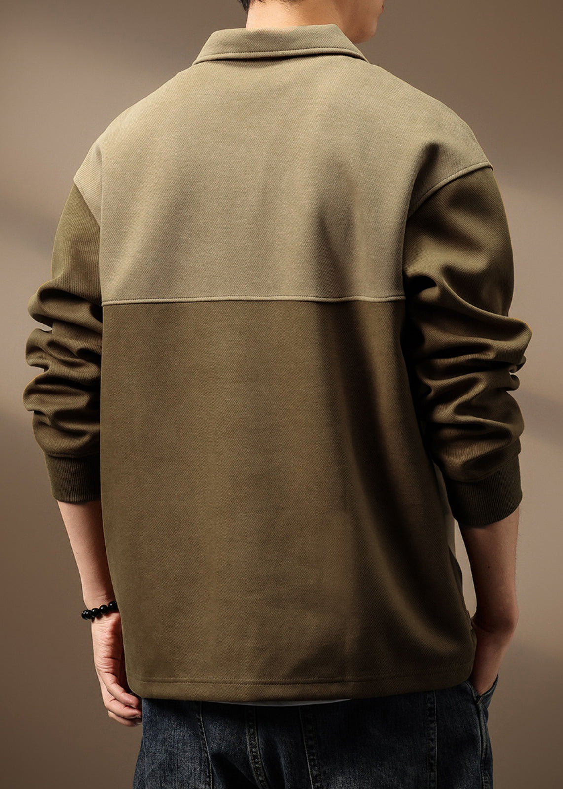 Baumwolle Frühling Reißverschluss Grün Oliv Taschen Herren Vintage Sweatshirt Patchwork Up TC014