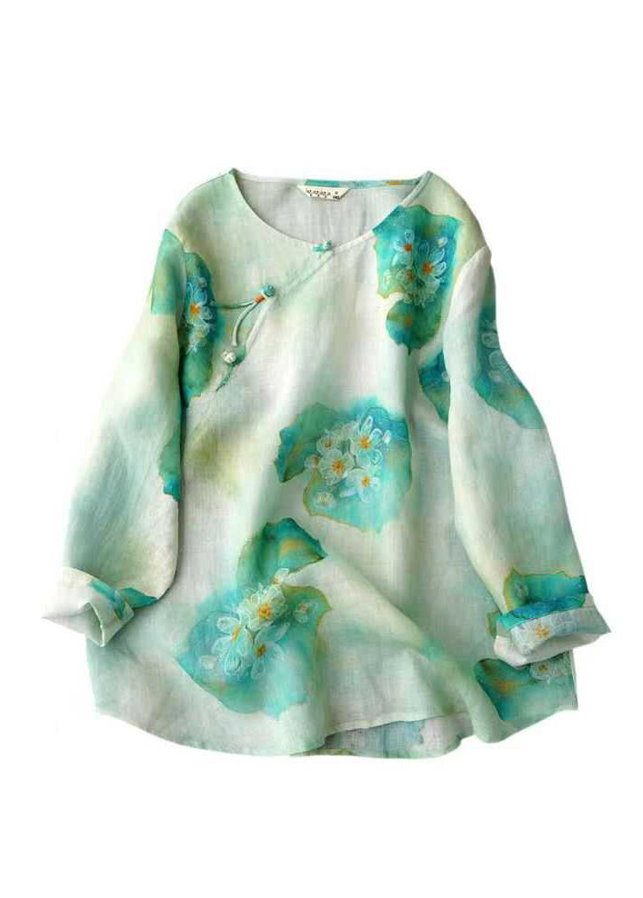 Vintage Rosa O Hals Druck Chinesische Taste Leinen Bluse Top Herbst QK004