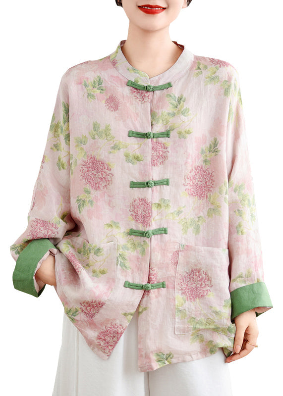 Chemisier vintage en lin rose à imprimé poches et boutons chinois, printemps TJ034