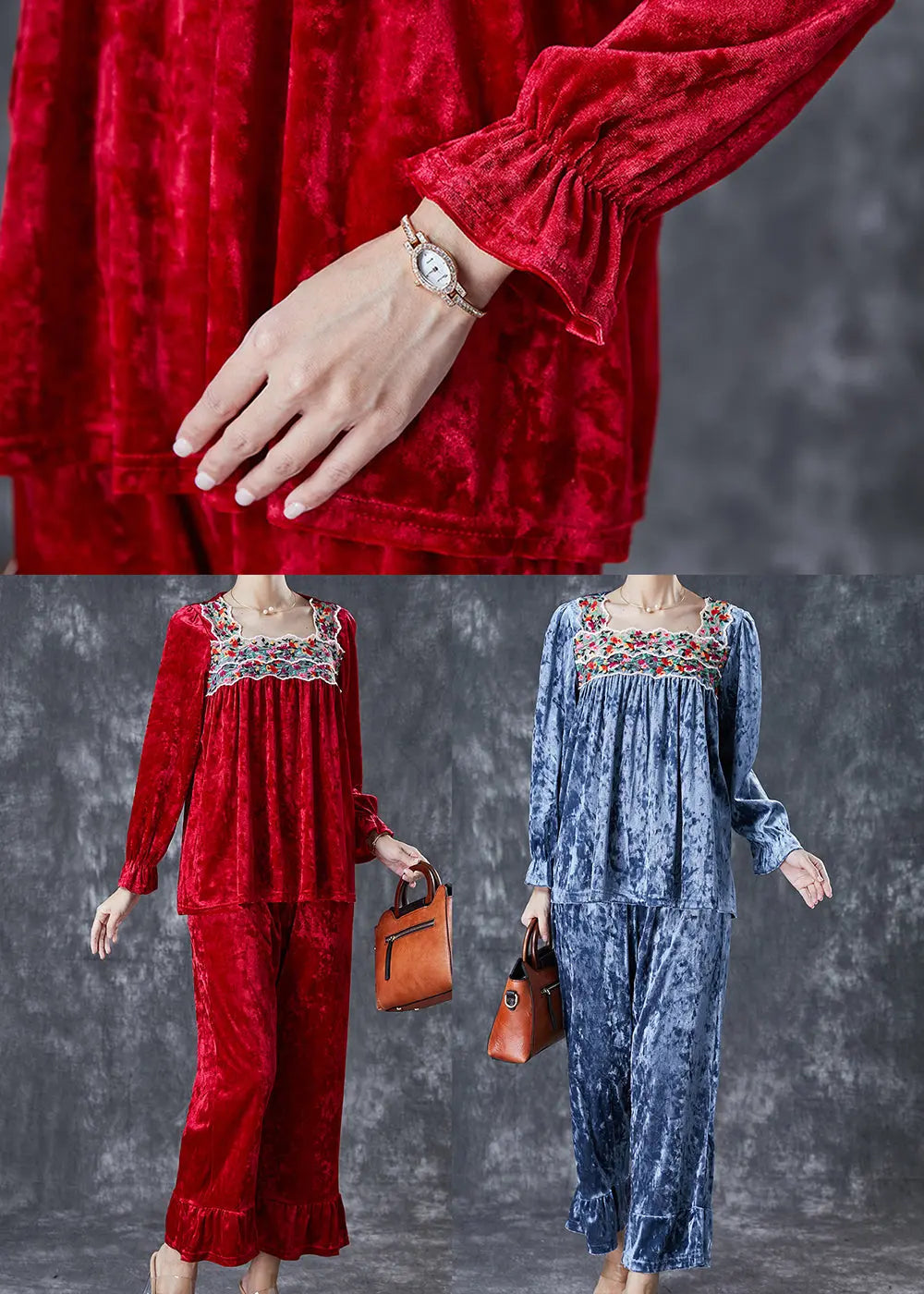Vintage Red Embroidered Patchwork Silk Velour Women Two Piece Set Fall Ada Fashion