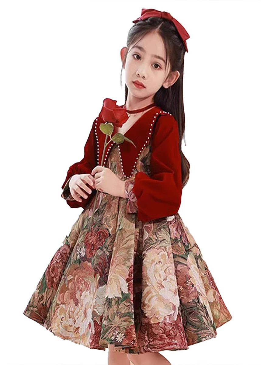 Vintage Collar Pan Dress Peter Red Print Kids Maxi Spring