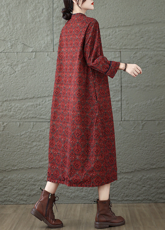 Robe vintage rouge à col montant et imprimé oriental, boutonnée, en coton, automne RU039