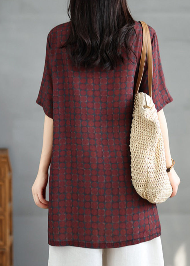 Robe vintage rouge en coton à col montant et imprimé, ouverture latérale, été RU020