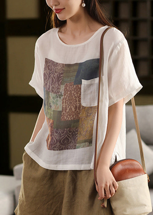 Skin Summe Pockets O Linen T Vintage Shirts Print Neck Pink
