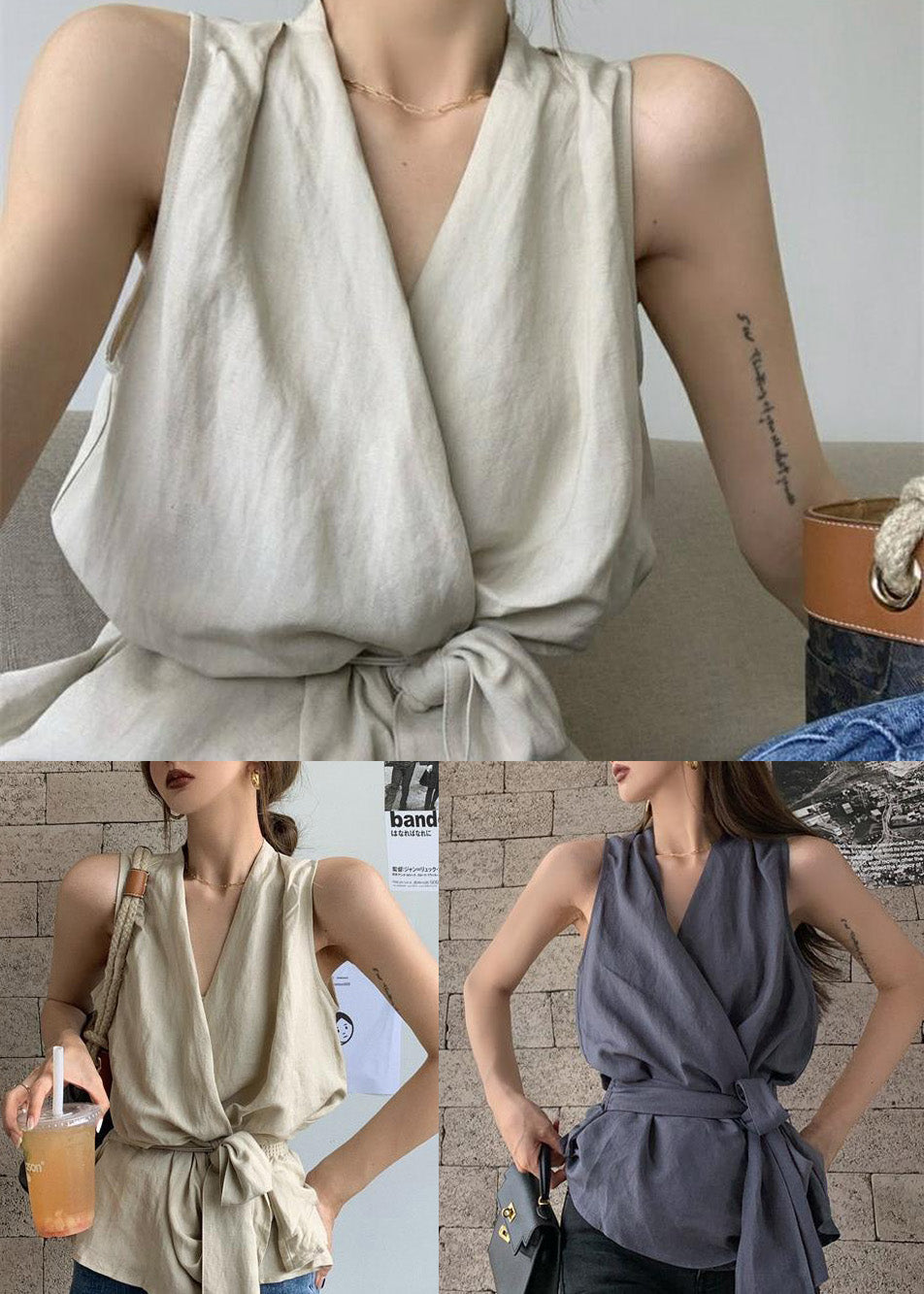Taille Vintage Ärmellose weiße Leinen Krawatte Westen