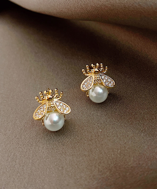 Vogue Gold Copper Overgild Bee Pearl Stud Earrings YD033
