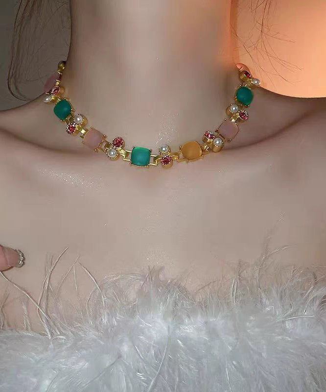 Pearl Princess Vogue Zircon Square Necklace Copper Rainbow