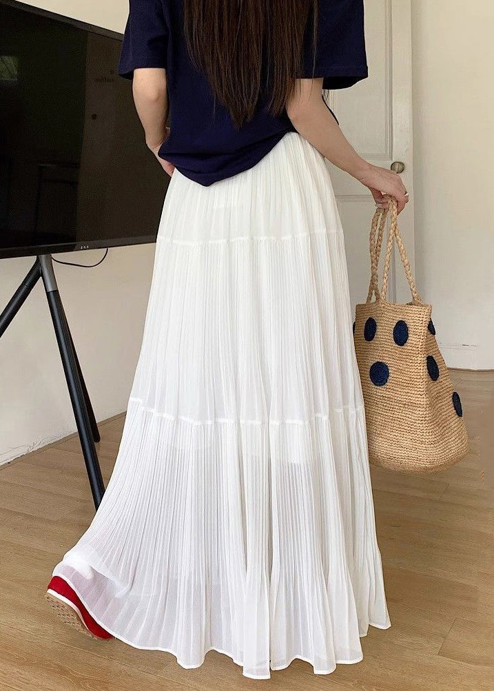 White Solid Maxi Elastic Wrinkled Chiffon Skirts Waist