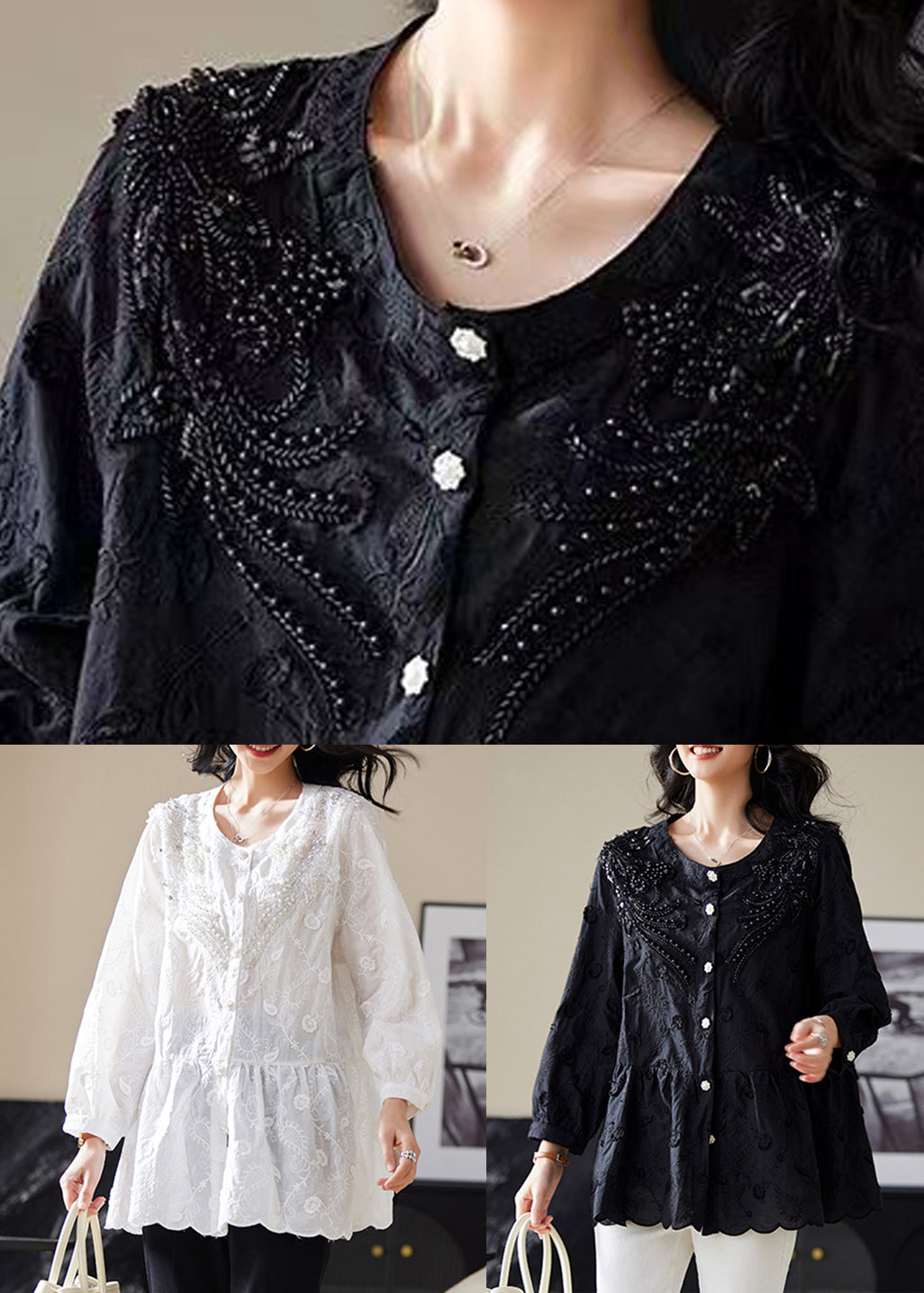 Weiße Bluse mit bestickten Nägeln und Perlenknöpfen, Langarm, AC1022