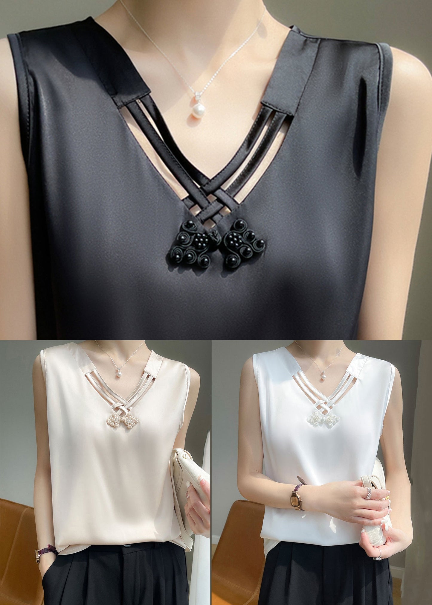 White Nail Sleeveless Bead Solid Tank Neck Silk V