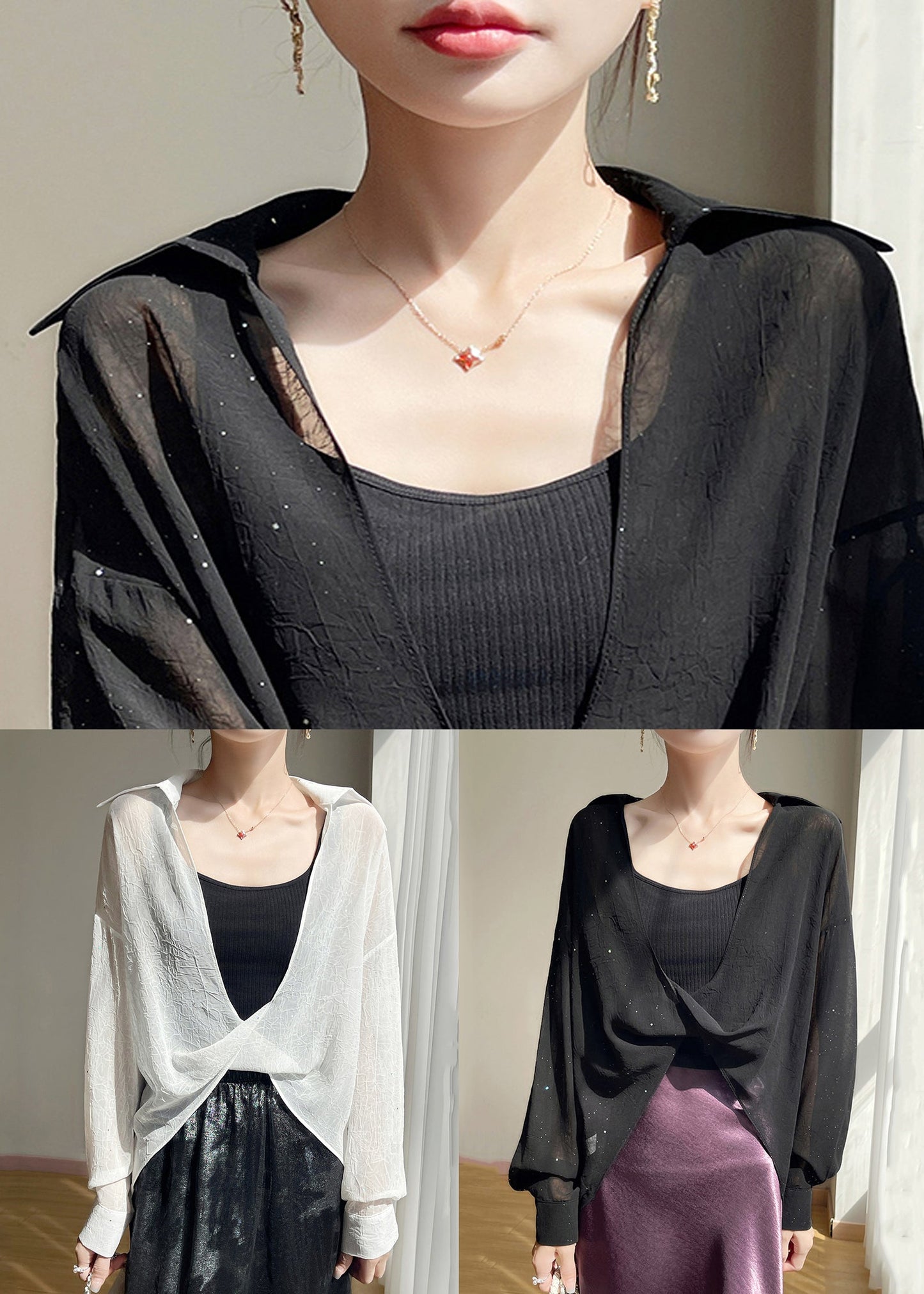 Collar White Sequins Fall Oversized Pan Peter Blouse