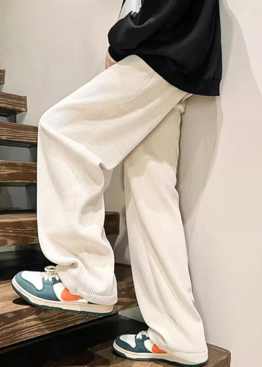 Weiße, einfarbige, lockere, warme Fleece-Cordhose für Herren, elastische Taille, Frühling RM045