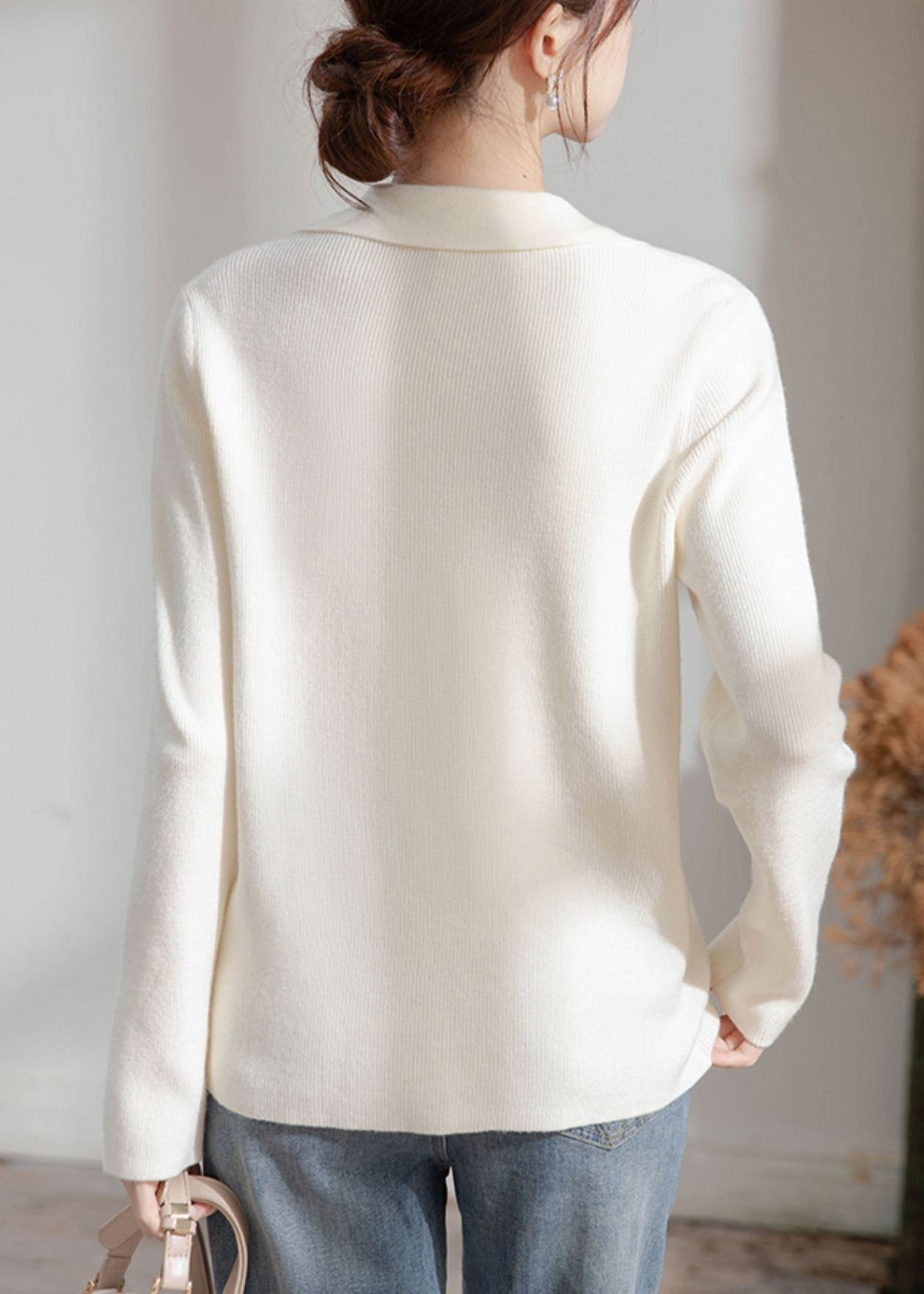Pull beige en tricot à boutons et col Peter Pan pour femme, printemps TF033