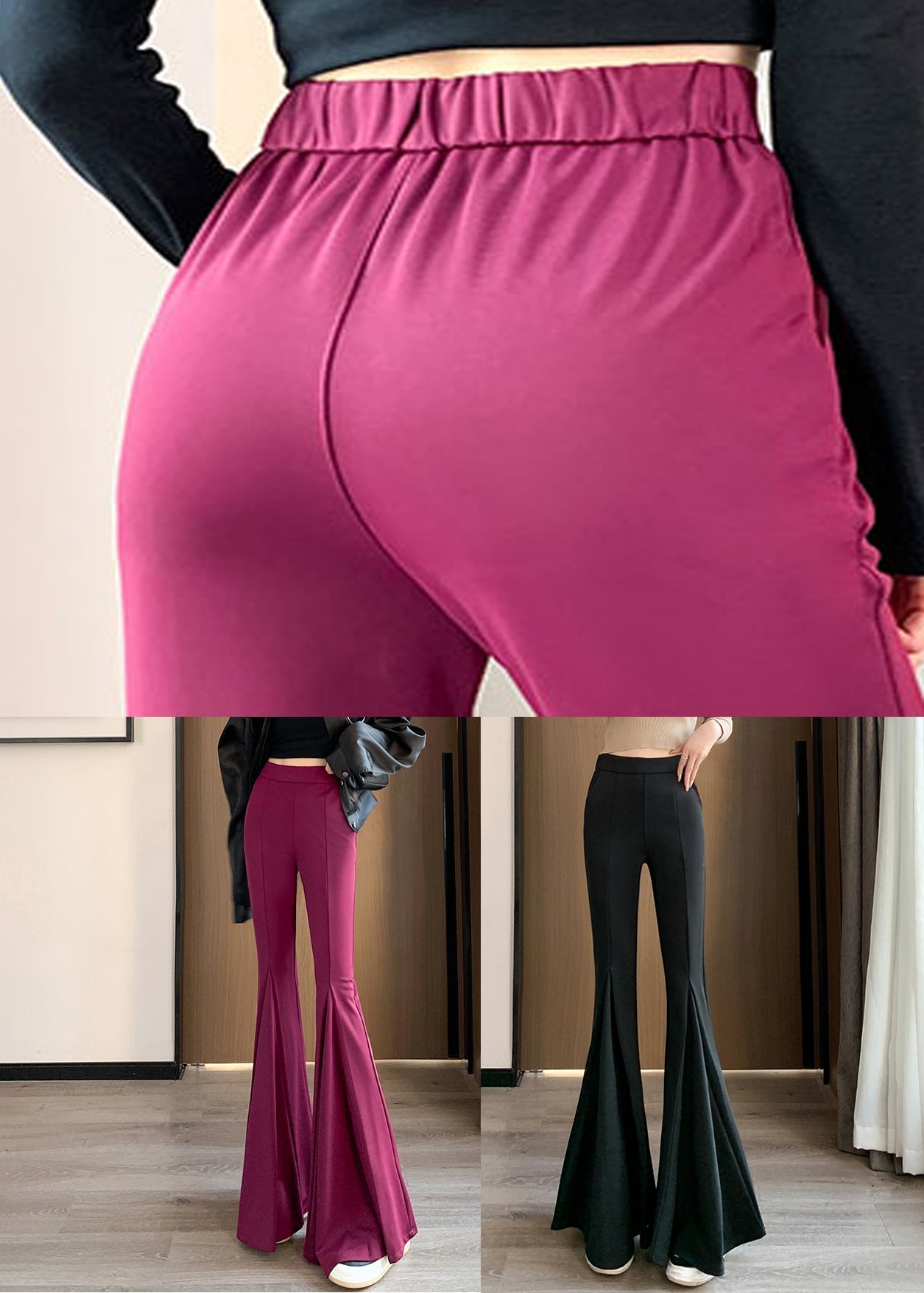 Pantalon évasé noir uni à taille élastique en élasthanne pour femme, printemps YJ007