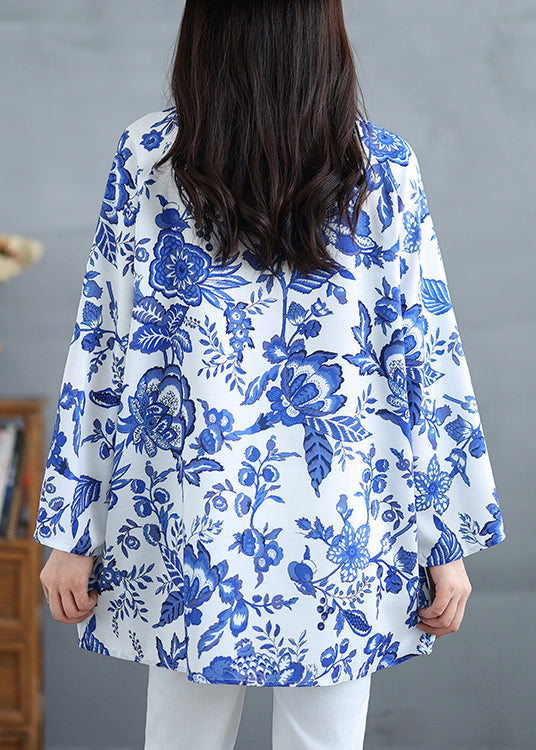 Damen Blau O Neck Print Plus Size Baumwolltops Herbst OO037