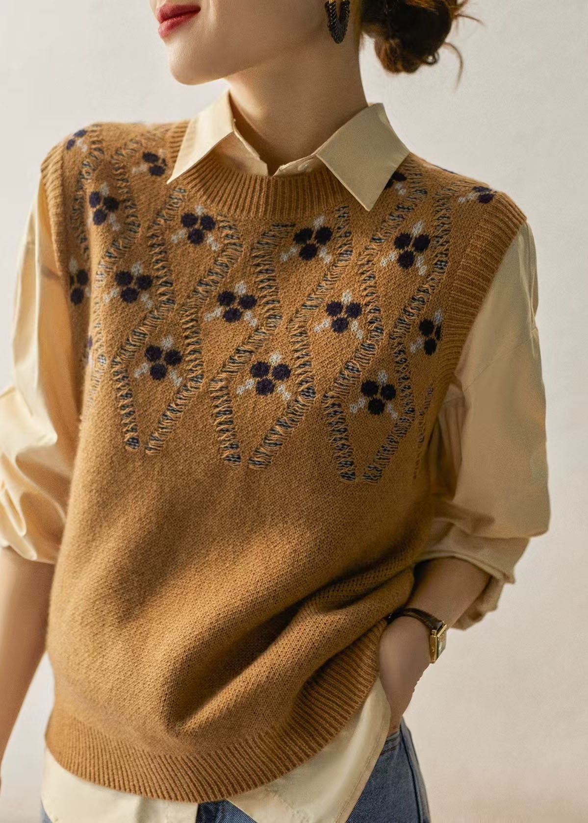 Damen Camel O Neck Jacquard Wollweste Ärmellos TZ032