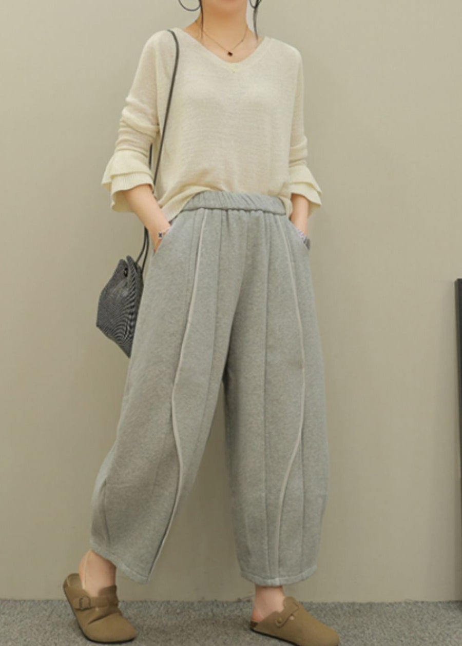 Pantalon décontracté en coton gris pour femme, poches, taille élastique, patchwork, automne RU044