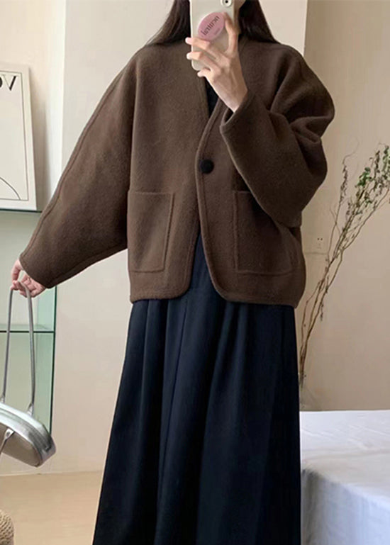 Manteau court en laine à col en V et poches pour femme, couleur café, hiver, RS026