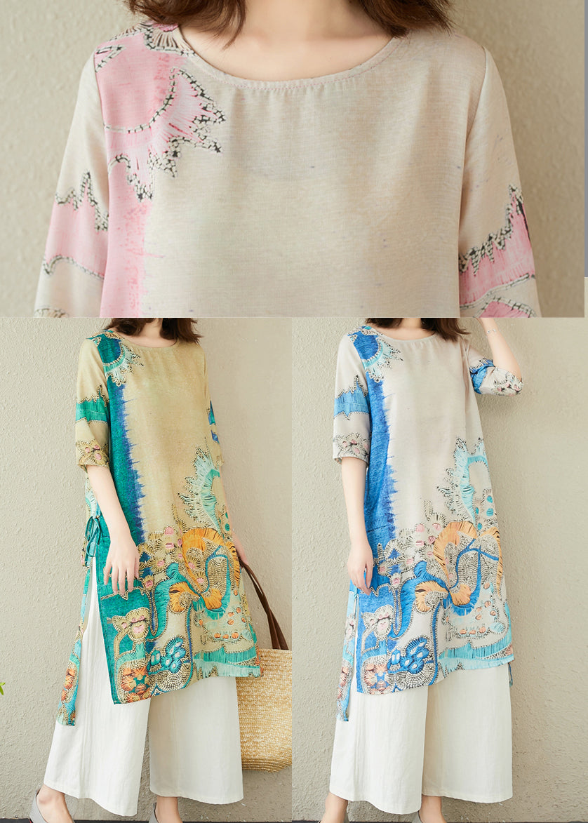 Oversized Print Sommerkleid Leinen Grün Damen