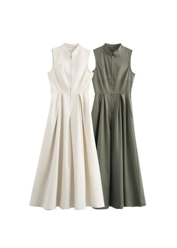 Robe longue plissée à col rond vert sans manches pour femme