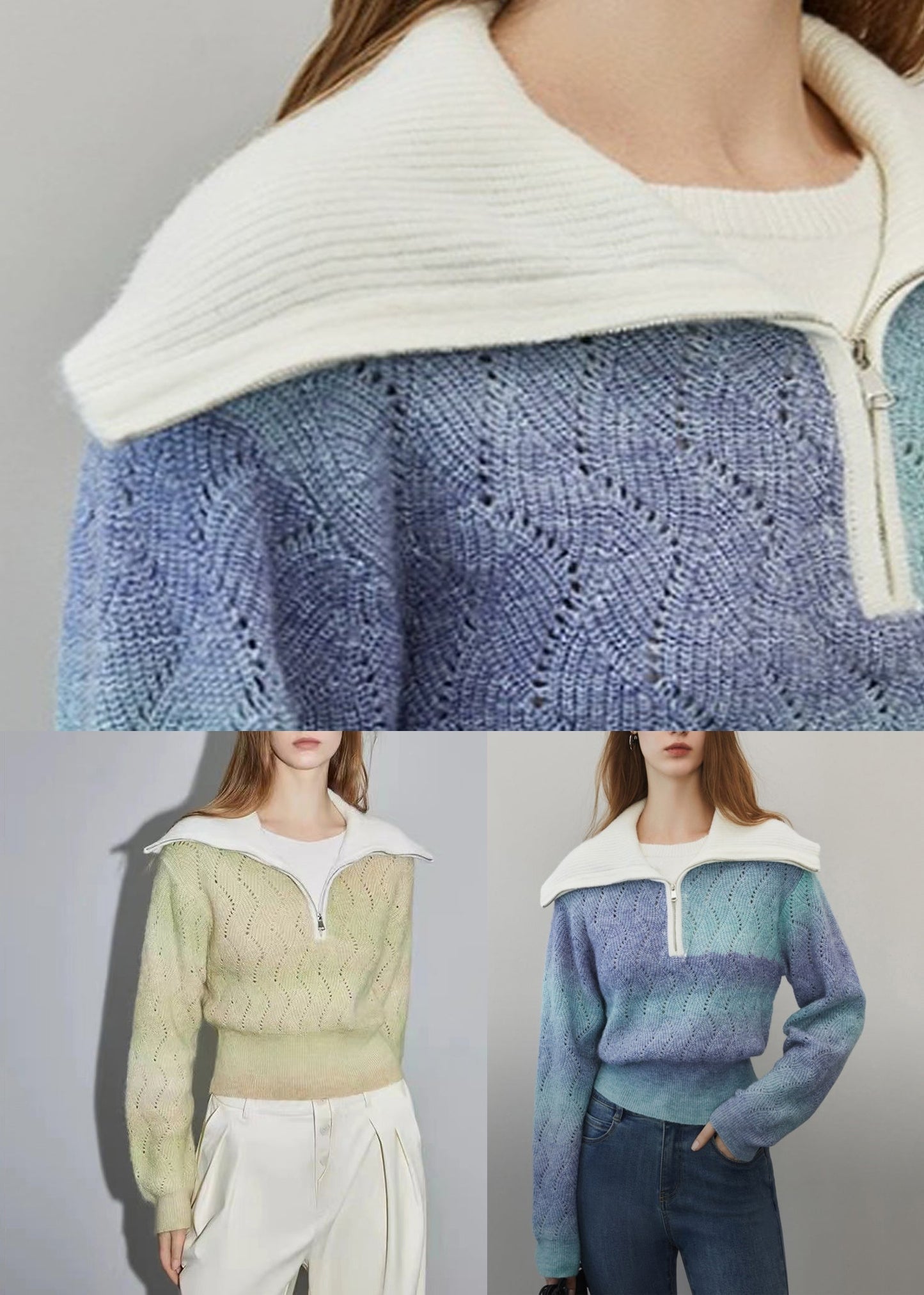 Damen Grüner Wollstrickpullover mit Reißverschluss und Aushöhlen, Winter, WK025