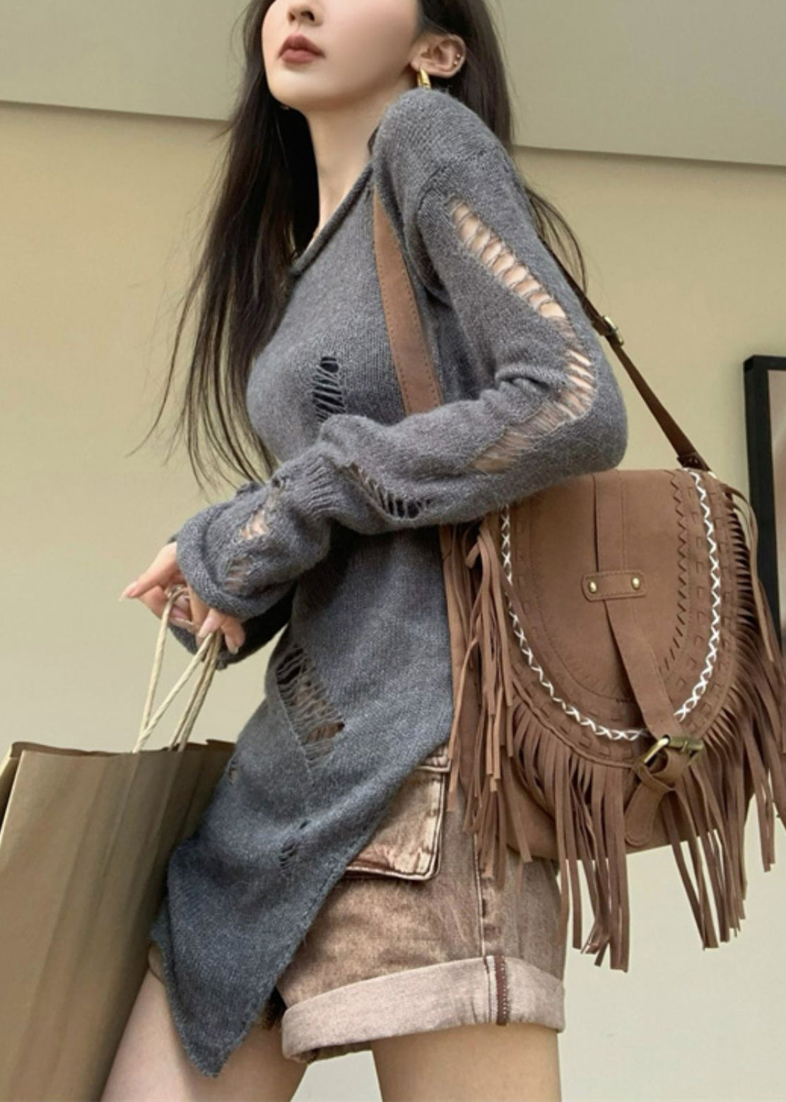 Hollow Spring Asymmetrischer Strickpullover Out Grau Damen