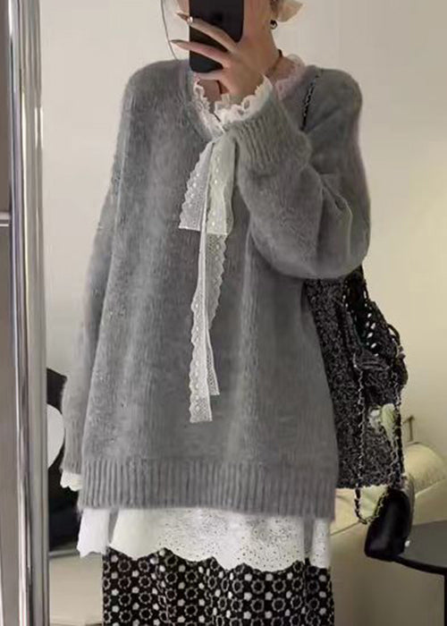Pull en maille patchwork gris confortable en dentelle pour femme, hiver WM007
