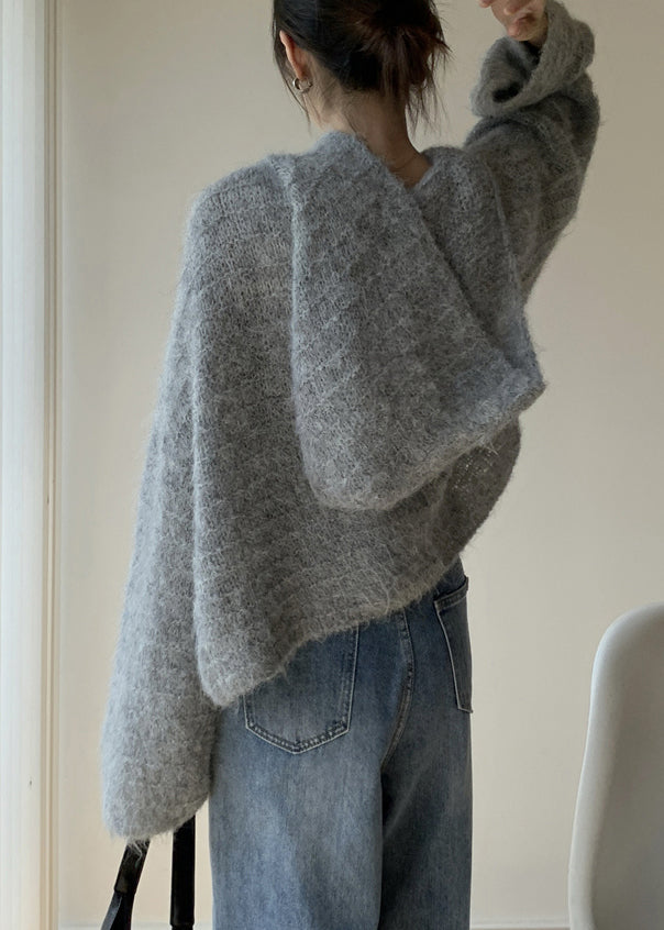 Damen Grau Kapuzenpullover aus solider Baumwolle Strickpullover Winter WY024