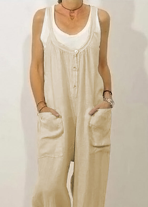 Solid Khaki Jumpsuits Button Women O-Neck Sleeveless