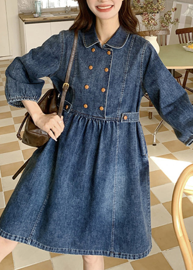 Damen Marineblau Peter Pan Kragen Falten Patchwork Denim Langes A-Linien-Kleid Frühling RP013
