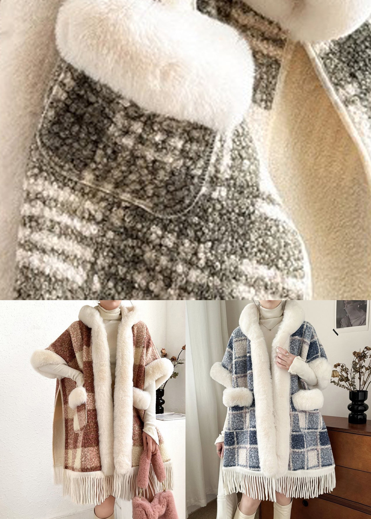 Frauen Orange Pelzkragen Tasseled Warm Fleece Cape Mäntel Halbarm YW008