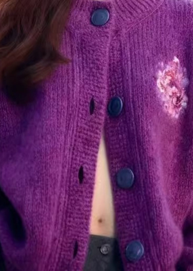 Cardigan d'hiver en tricot confortable à boutons et col rond violet pour femme WX019