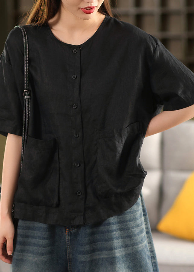 Button Pockets Neck Yellow Linen Shirt Tops O Women Summer