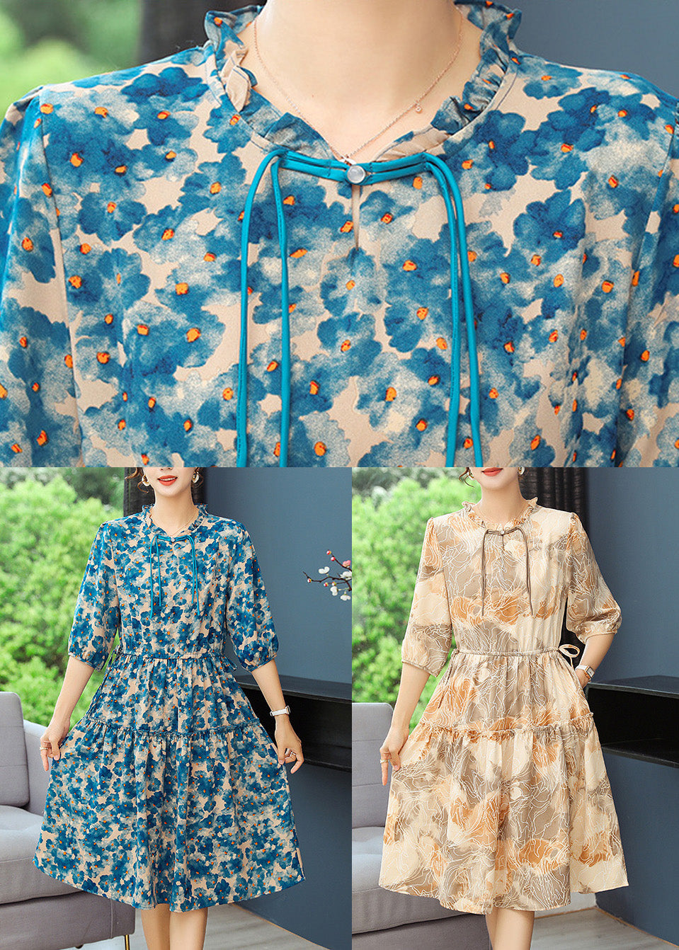Women Robe Print Summer Dresses Yellow Cinched