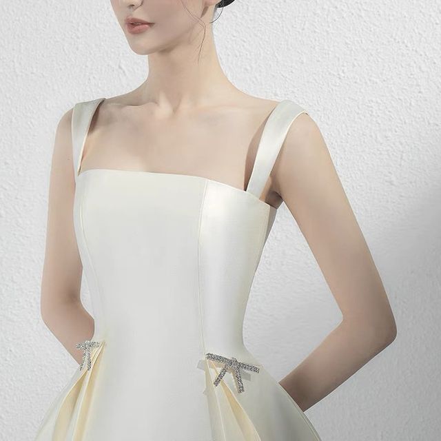 Wide Strap Rhinestone Bow A-Line Dress