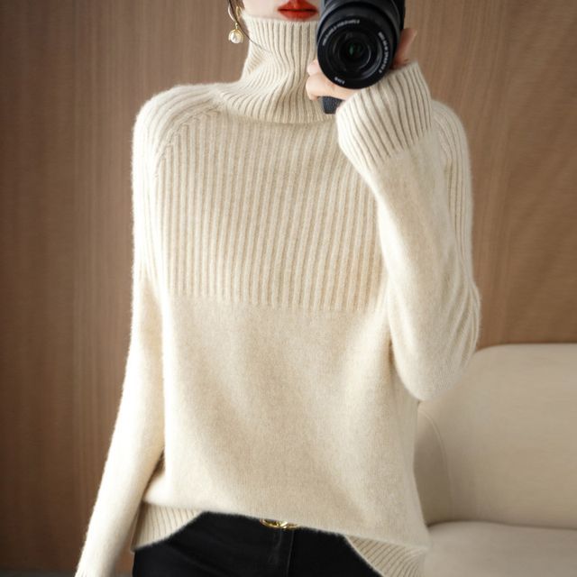 Long-Sleeve Turtleneck Plain Ribbed Woolen Knit Top