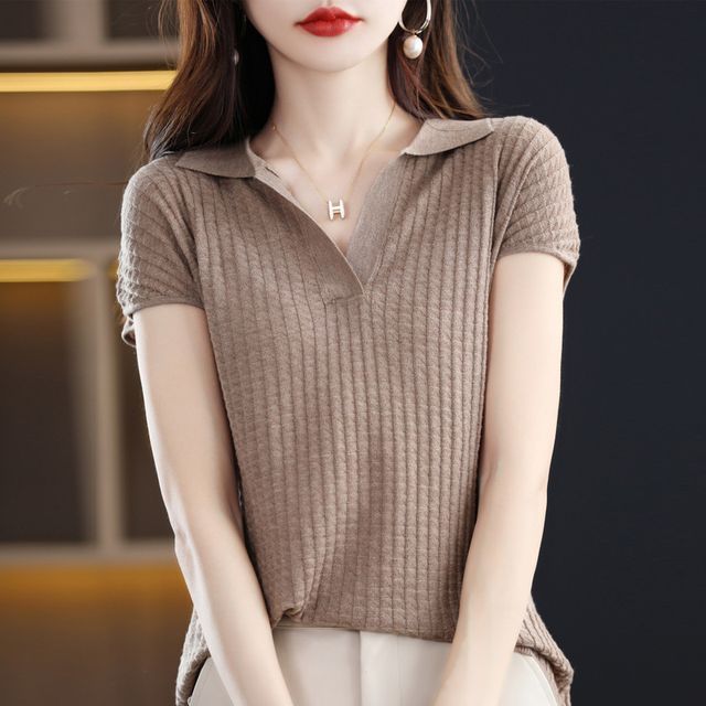 Cap-Sleeve Plain Knit Polo Shirt