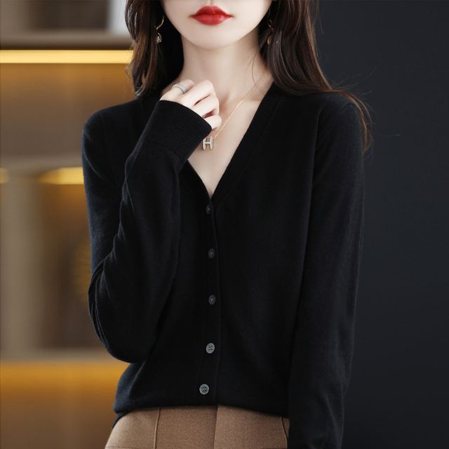 V-Neck Plain Button-Up Cardigan