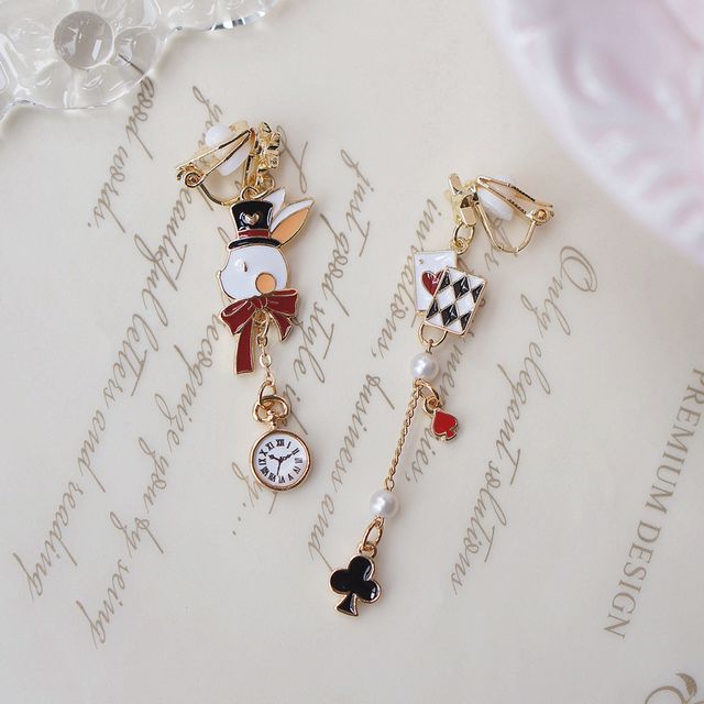 Poker Earring Clip Enamel Asymmetrical Drop / On Rabbit