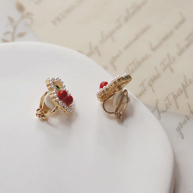 Earring Cherry / Clip Flower Faux Stud Pearl On
