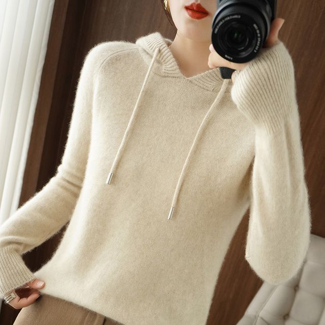 Long-Sleeve Plain Hooded Knit Top