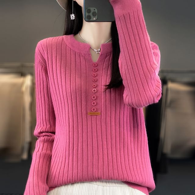 Notch Lapel Applique Ribbed Sweater