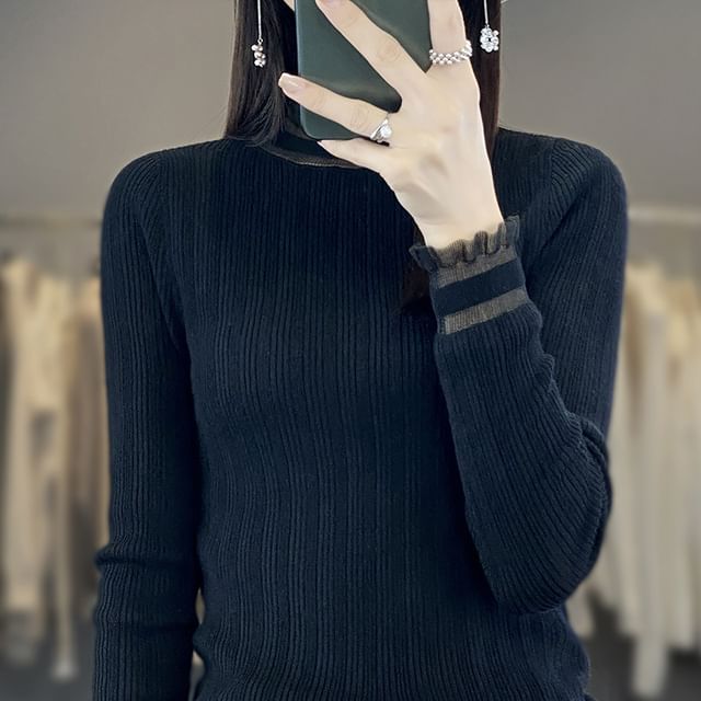 Long-Sleeve Mock Neck Plain Lace Trim Knit Top