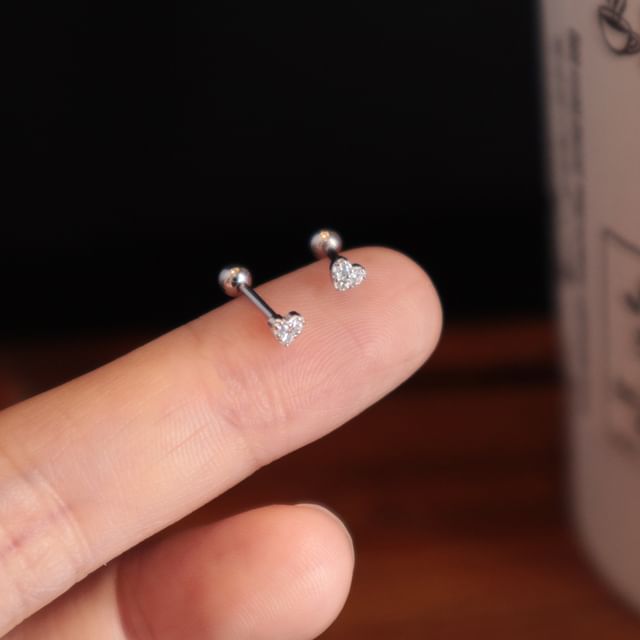 Silver Barbell Rhinestone Sterling Heart Earring