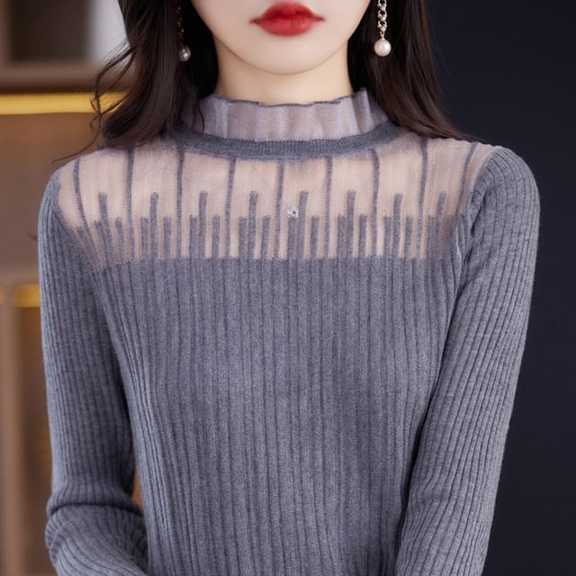 Mock Neck Plain Mesh Panel Ribbed Sweater