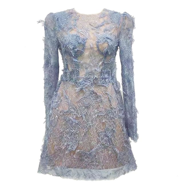 Long-Sleeve Crewneck Lace Mini Bodycon Dress