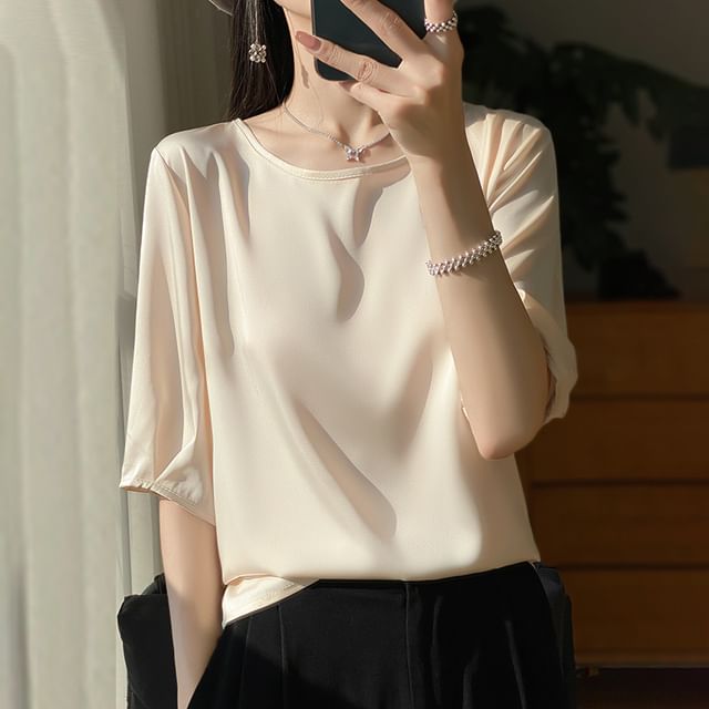Elbow-Sleeve Crewneck Satin Plain Blouse