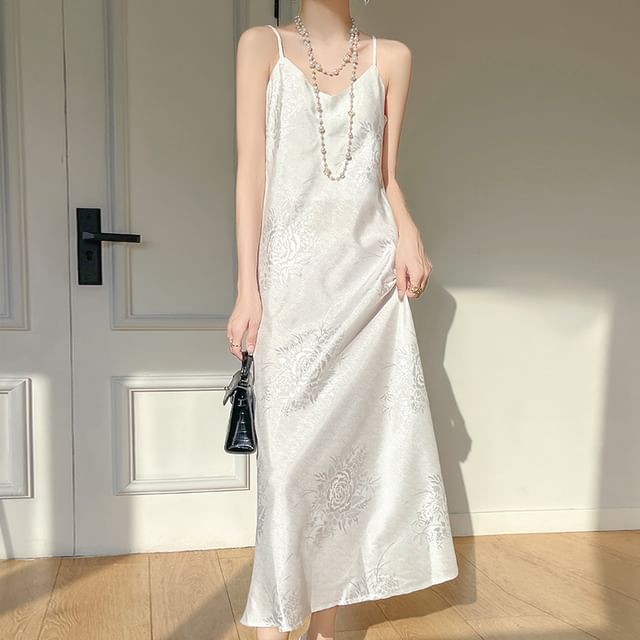 Spaghetti Strap V-Neck Satin Maxi A-Line Dress