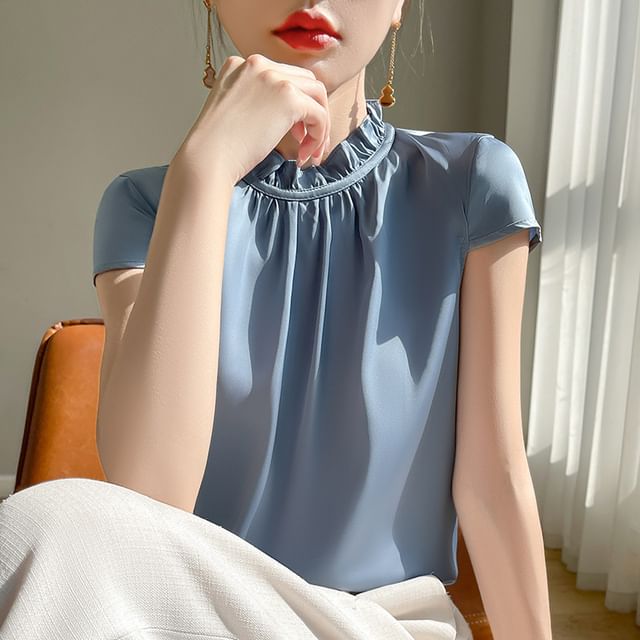 Short-Sleeve Mock Neck Plain Blouse