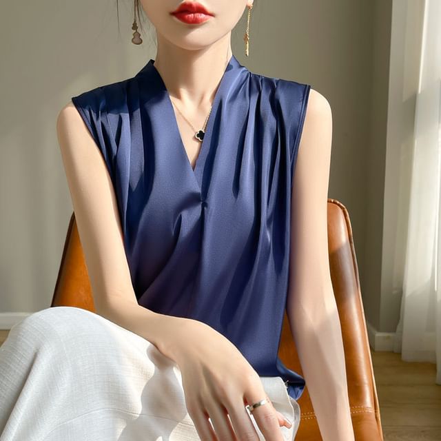 Sleeveless V-Neck Plain Ruched Satin Blouse